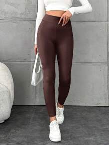 SHEIN Cottnline Leggings De Couleur Unie Pour Femmes - Marron fonçé - Voir 3