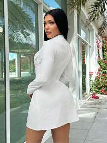 SHEIN SXY 襯衫裙夏季服裝白色女裝裙子白色襯衫白色連衣裙夏季襯衫夏季服裝夏季裙子白色女裝裙子白色襯衫裙緊身衫 - 白色 - 查看 3