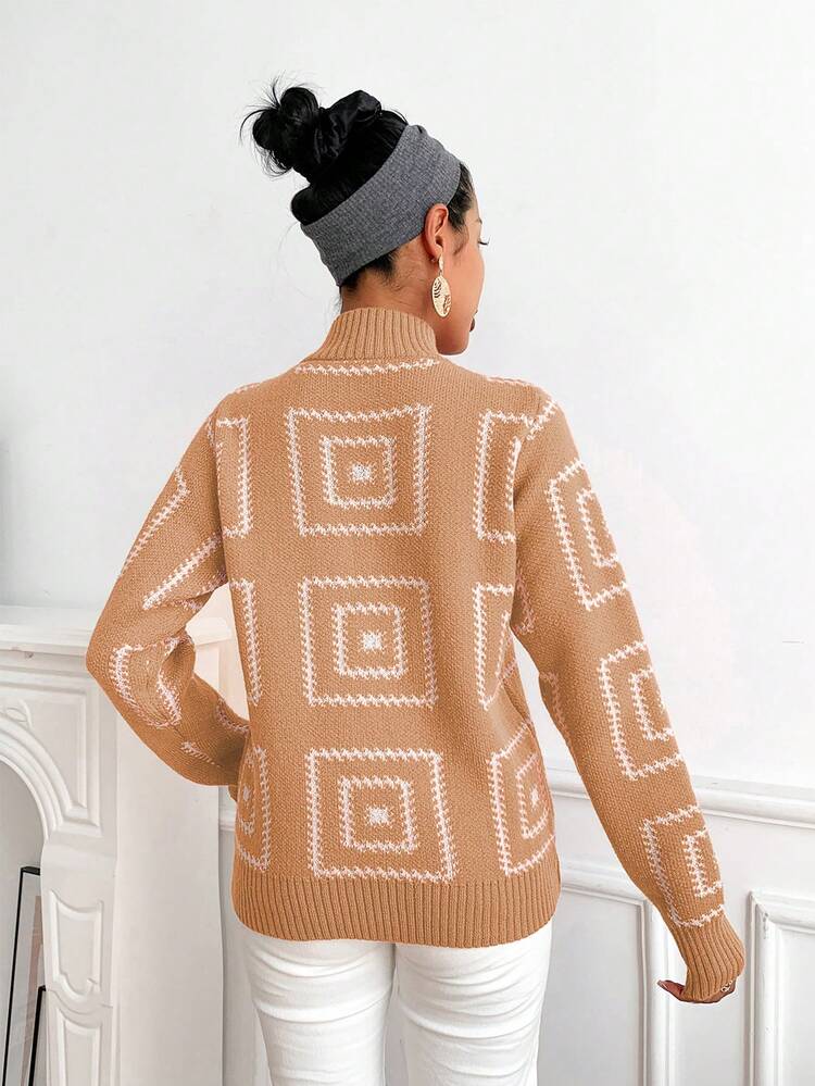 Women's Geometric Pattern Stand Collar Pullover Knit Pullover Fall Winter Sweater