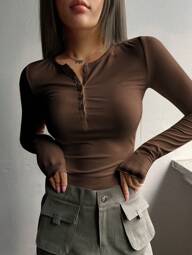 DAZY Half Button Ribbed Knit Slim Fit Tee,Fall Clothes Long Sleeve Women Tops