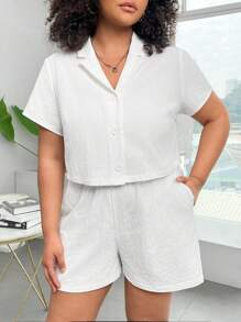 SHEIN EZwear Women'S Plus Size Solid Color Textured Casual Shirt And Shorts Set - White - View 3