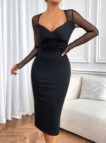 Mesh Splice Bodycon Pleated Sexy Dress - Black - View 1