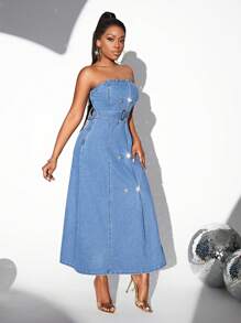SHEIN SXY Women's Double-Breasted Belted Strapless Denim Dress - Medium Wash - View 3