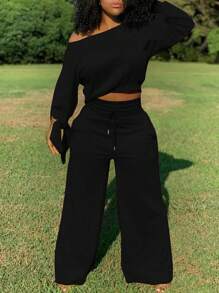 SHEIN Ladies' Solid Color Casual 2-Piece Set, Ladies Spring/Fall Casual Asymmetrical, Drawstring, Pocket Three Quarter Length Sleeve Loose Black Batwing Sleeve Sweatshirt Sweatpants Women Two-Piece Outfits, Casual Daily Wear