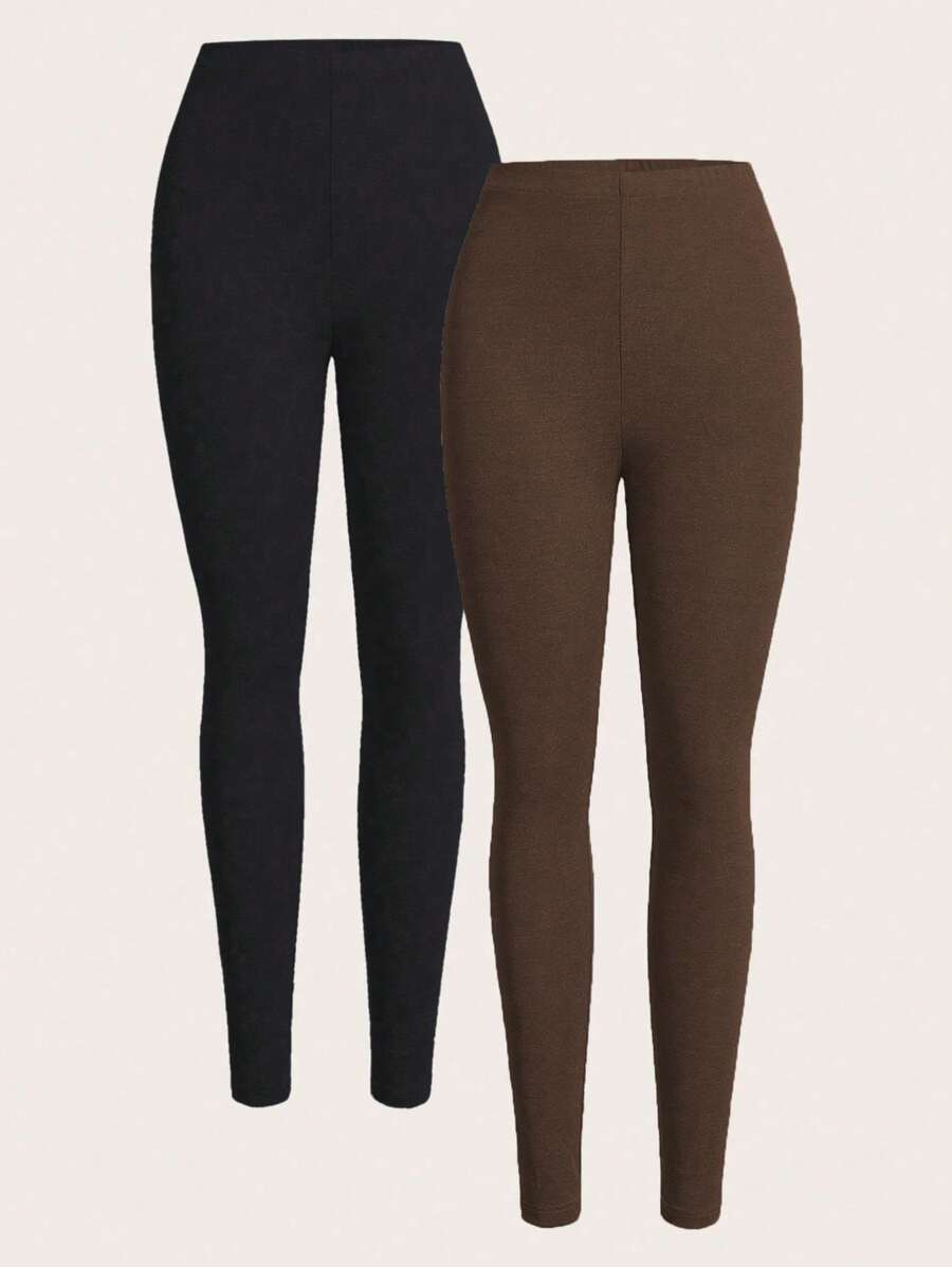 SHEIN Unity Women's Solid Color High Waist Stretchy Leggings - Coffee Brown - View 1
