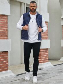 Manfinity Homme Plus Size Men's Teddy Lined Zipper Front Vest Jacket With Double Pockets - Blue - View 5