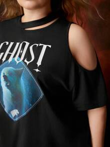 Game of Thrones X SHEIN Plus Wolf Pattern Cut Out T-Shirt - Black - View 4