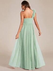 EVERPRETTY 优雅春季不对称单肩高开衩薄纱鼠尾草绿伴娘礼服，婚礼宾客礼服 - 薄荷綠 - 查看 3