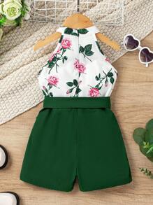SHEIN Conjunto de blusa elegante con estampado floral y escote en V y shorts verdes para chica joven para ir al trabajo - Multicolor - Ver 2