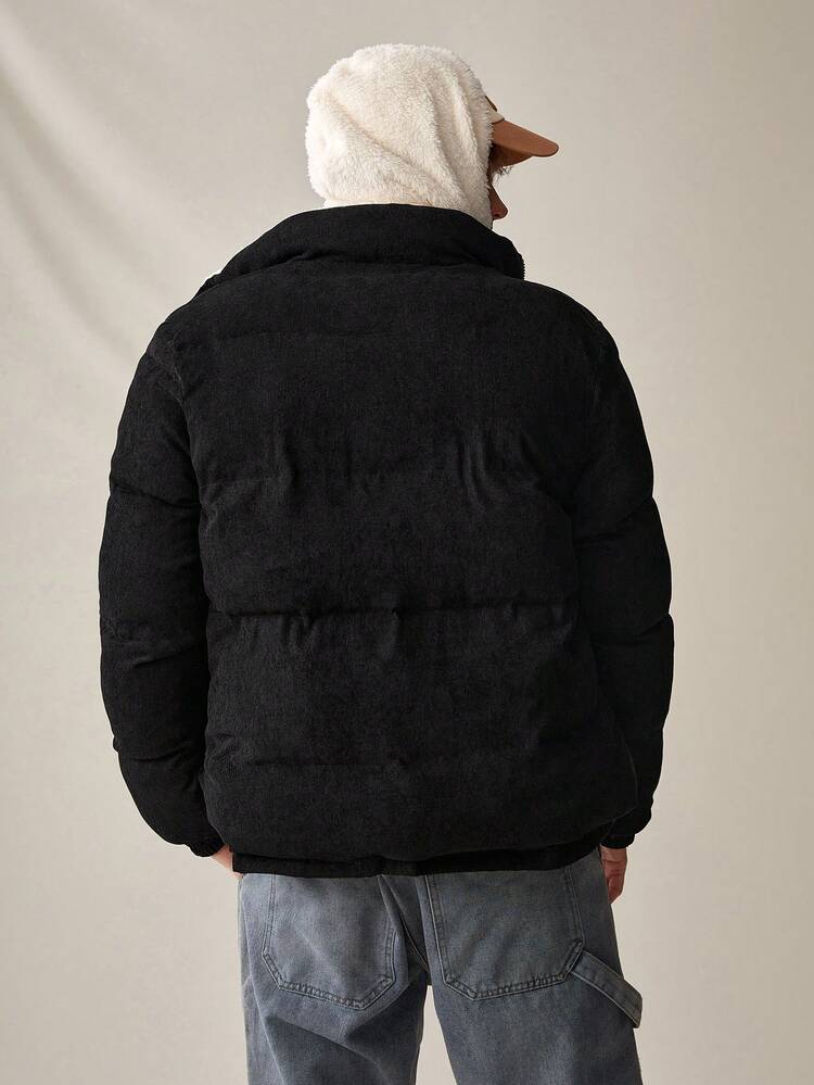 Men's Oversized Corduroy Padded Coat With Letter Patchwork Detail And Teddy Lining, For Fall Winter