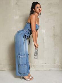 SHEIN SXY 附蓋口袋水洗牛仔背帶褲連身褲 - 淺色水洗藍 - 查看 2