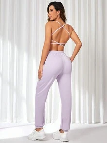 SHEIN Daily&Casual 女款短上衣和長褲運動套裝 - 淡紫色 - 查看 4