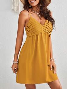SHEIN VCAY Xếp li Ngày lễ Của phụ nữ Váy Dây - Màu vàng - Xem 3