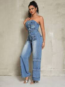 SHEIN SXY 附蓋口袋水洗牛仔背帶褲連身褲 - 淺色水洗藍 - 查看 5