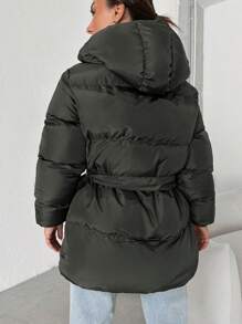 EURMUSE Women'S Zip Front Hooded Padded Jacket With Slanted Pockets - Khaki - View 2