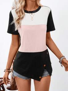 SHEIN LUNE Women's Color Block Button Detail Round Neck Short Sleeve T-Shirt - Multicolor - View 4