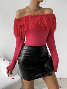 Chiquease Pull-over À Épaules Dénudées Et À Manches Longues Et Pelucheux Pour Femmes