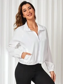 SHEIN Daily&Casual 實色拉鍊式運動外套,帶口袋 - 白色 - 查看 2