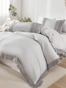 3pcs/Set Gray Fringe Mesh Polyester Bedding Set - Grey - View 8