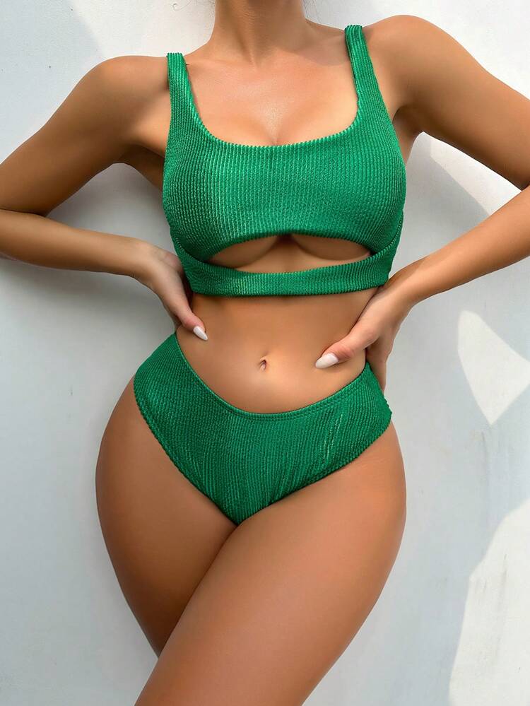 Summer Women's Solid Color Halter Neck Textured Bikini Set