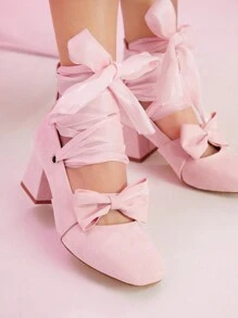 SheIn MOD Zapatos De Tacón Alto Mary Jane Para Mujer Con Lazo Y Correa En El Tobillo - Rosa - Ver 1