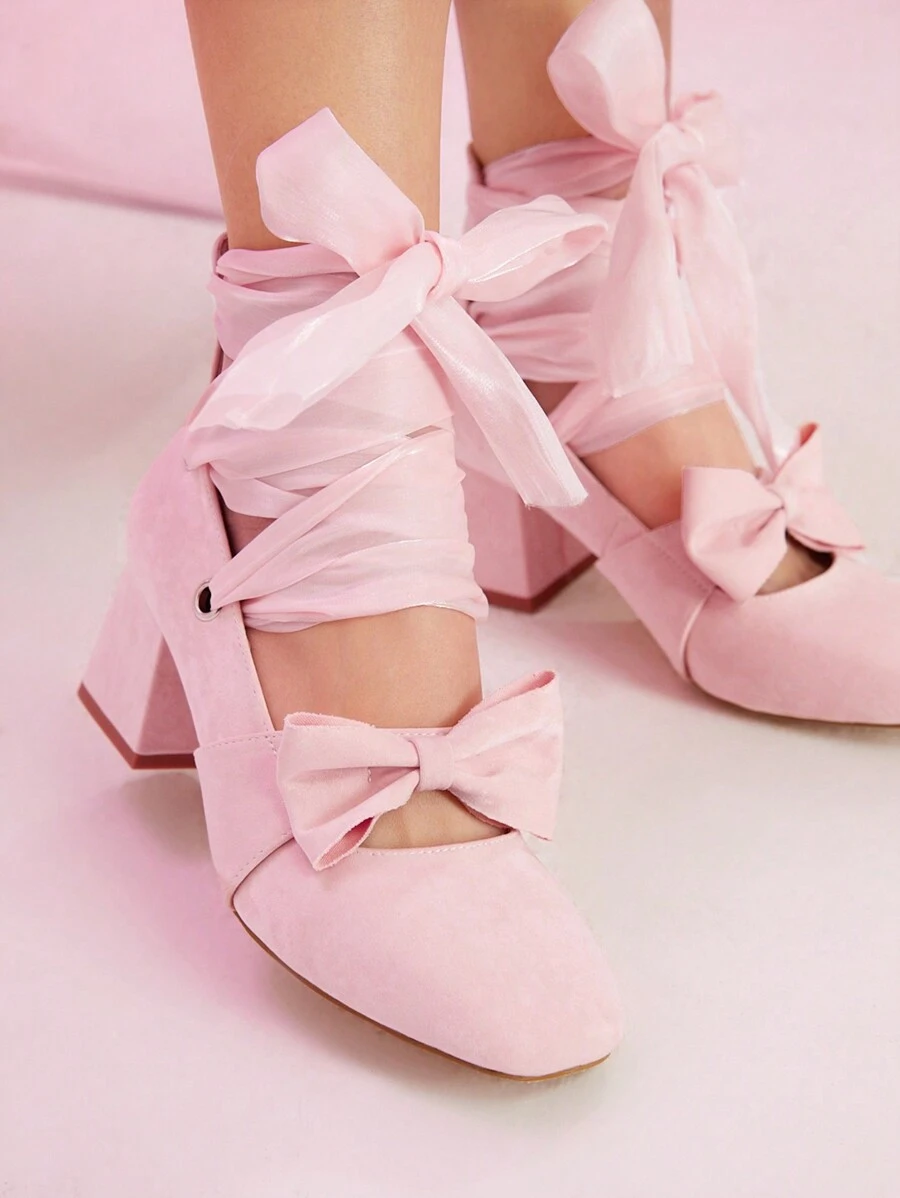 SheIn MOD Zapatos De Tacón Alto Mary Jane Para Mujer Con Lazo Y Correa En El Tobillo - Rosa - Ver 1