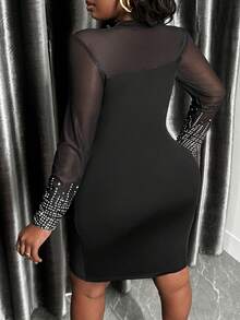 Slaydiva Plus Size Women's Mesh Splicing Rhinestone Embellished Bodycon Dress - Black - View 3