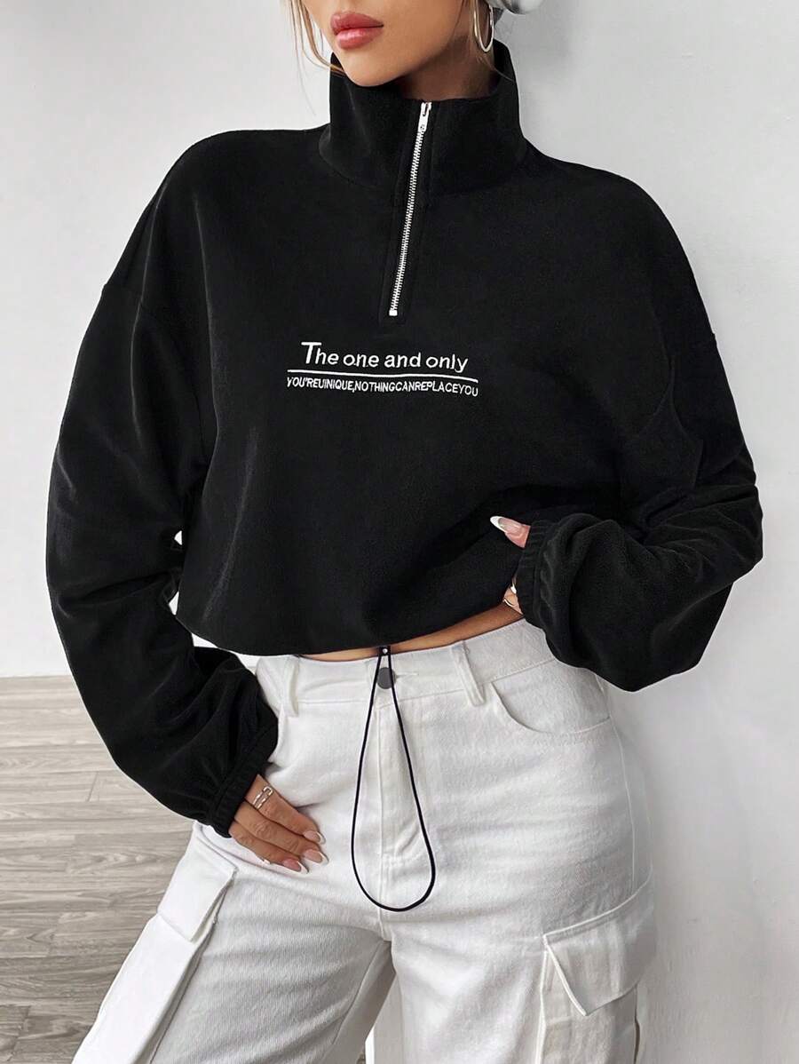 SHEIN EZwear Women's Slogan Print Stand Collar Sweatshirt With Drawstring Hem - Black - View 1