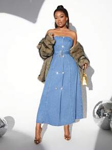 SHEIN SXY Women's Double-Breasted Belted Strapless Denim Dress - Medium Wash - View 1