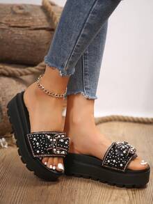 New Style Women's Thick-Soled Sandals, Fashionable, Versatile, With Rhinestones & Glitter, Open-Toe, Slip-On Slippers - Black - View 7