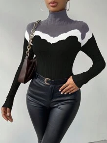 SHEIN Essnce 女款修身高領拼色毛衣 - 灰色 - 查看 1
