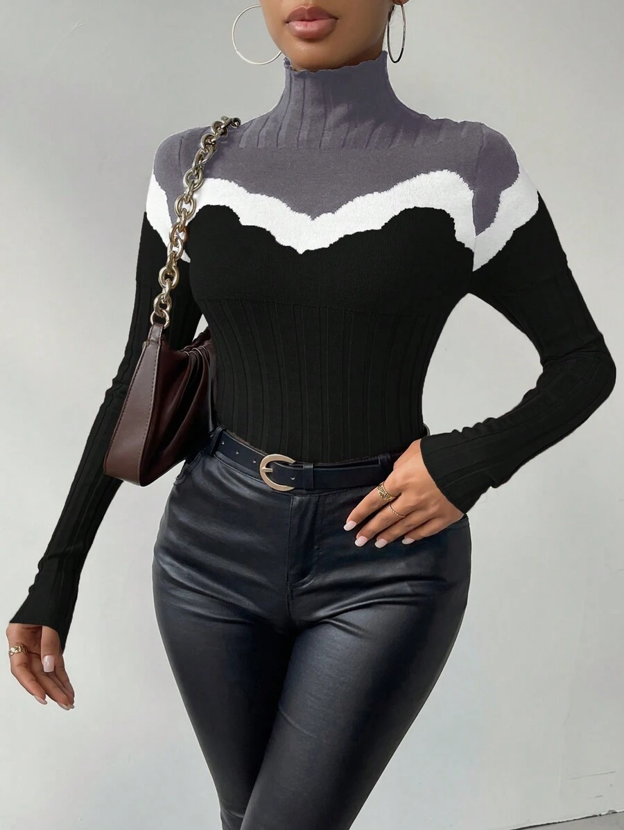 SHEIN Essnce 女款修身高領拼色毛衣 - 灰色 - 查看 1