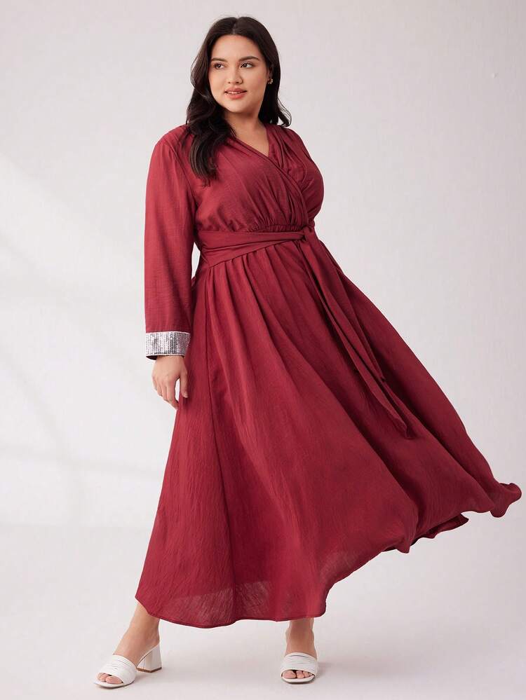 Burgundy Red Plus Size Women'S Asymmetrical Sequin Elbow Patch Waist Tie Dress