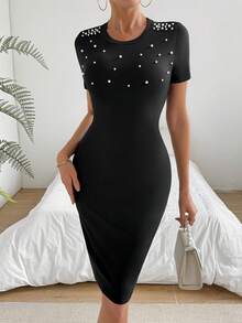 SHEIN Privé 女款圓領短袖修身連身裙 - 黑色 - 查看 3