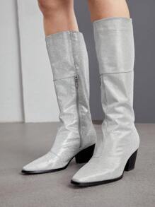 Styleloop 女士中筒靴，编织纹理，波西米亚风，西部风，音乐节风格 - 銀色 - 查看 3