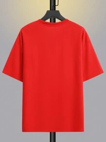 男士搞笑印花下垂肩短袖圓領t恤 - 紅色 - 查看 2