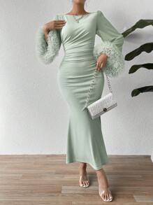 RosyDaze Trumpet Sleeve Lace Trim Mermaid Dress Maxi Women Outfit Fall Cloth For Women - Mint Green - View 4