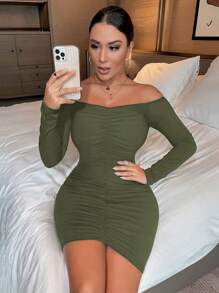 SHEIN SXY Solid Color Off Shoulder Ruffle Bodycon Dress - Army Green - View 3