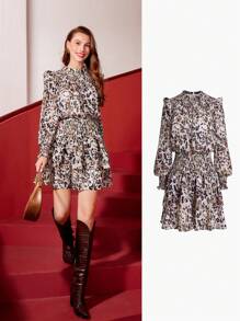 MOTF PREMIUM ALLOVER PRINT LANTERN SLEEVE DRESS
