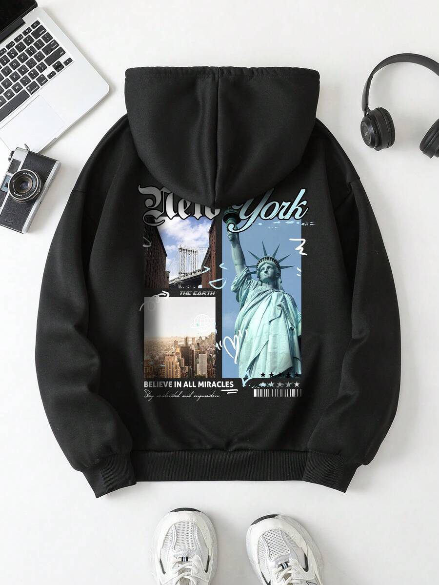 SHEIN EZwear Women's Casual Slogan Graphic Printed Hooded Drawstring Casual Sweatshirt - Black - View 1