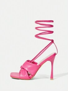 SheIn ICON 女性時尚玫瑰粉色腳踝帶鑽石高跟涼鞋 - 玫紅色 - 查看 8