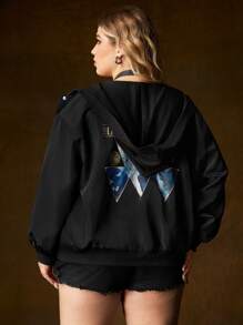 Game of Thrones X SHEIN Plus Print Drop Shoulder Snap Button Hooded Jacket