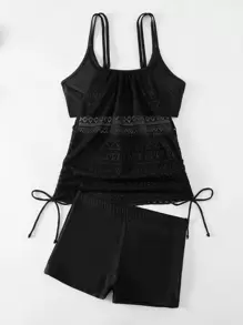 Swim Lushoire Women's Solid Color Lace Splice Drawstring Tankini Carnival Summer