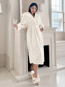 DAZY Women's Solid Color Plush Hooded Bathrobe Pajama, Fall, Winter - White - View 6