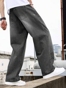 Manfinity Homme Men's Denim Jeans, Loose Straight-Leg Jeans With Washed Design - Black - View 5