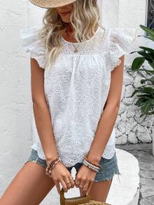 SHEIN VCAY 背部打結和銀孔設計的刺繡上衣 - 白色 - 查看 6