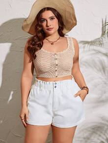 SHEIN LUNE Của phụ nữ Kích thước lớn Màu thuần Quần short Denim Với Nghiêng Túi Và Cán Hem - trắng - Xem 3