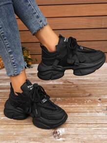 Women's Solid Color Thick Soled Athletic Shoes With Front Lace-Up, Black Sports Shoes Decorated With Tennis Woven Straps For Outdoor Activities