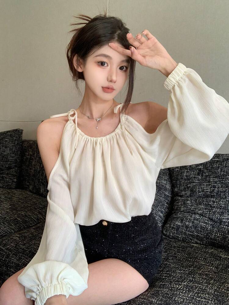 Solid Color Long Sleeve Open Shoulder Women's Loose Shirt With Tie-Up Straps Summer