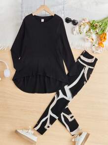 Tween 女孩寬鬆幾何圖案設計前短後長 T 恤和緊身褲套裝 - 黑色 - 查看 2